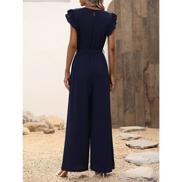 Boho Ruffle Trim Belted Wide Leg Jumpsuit - Picture 2 of 6